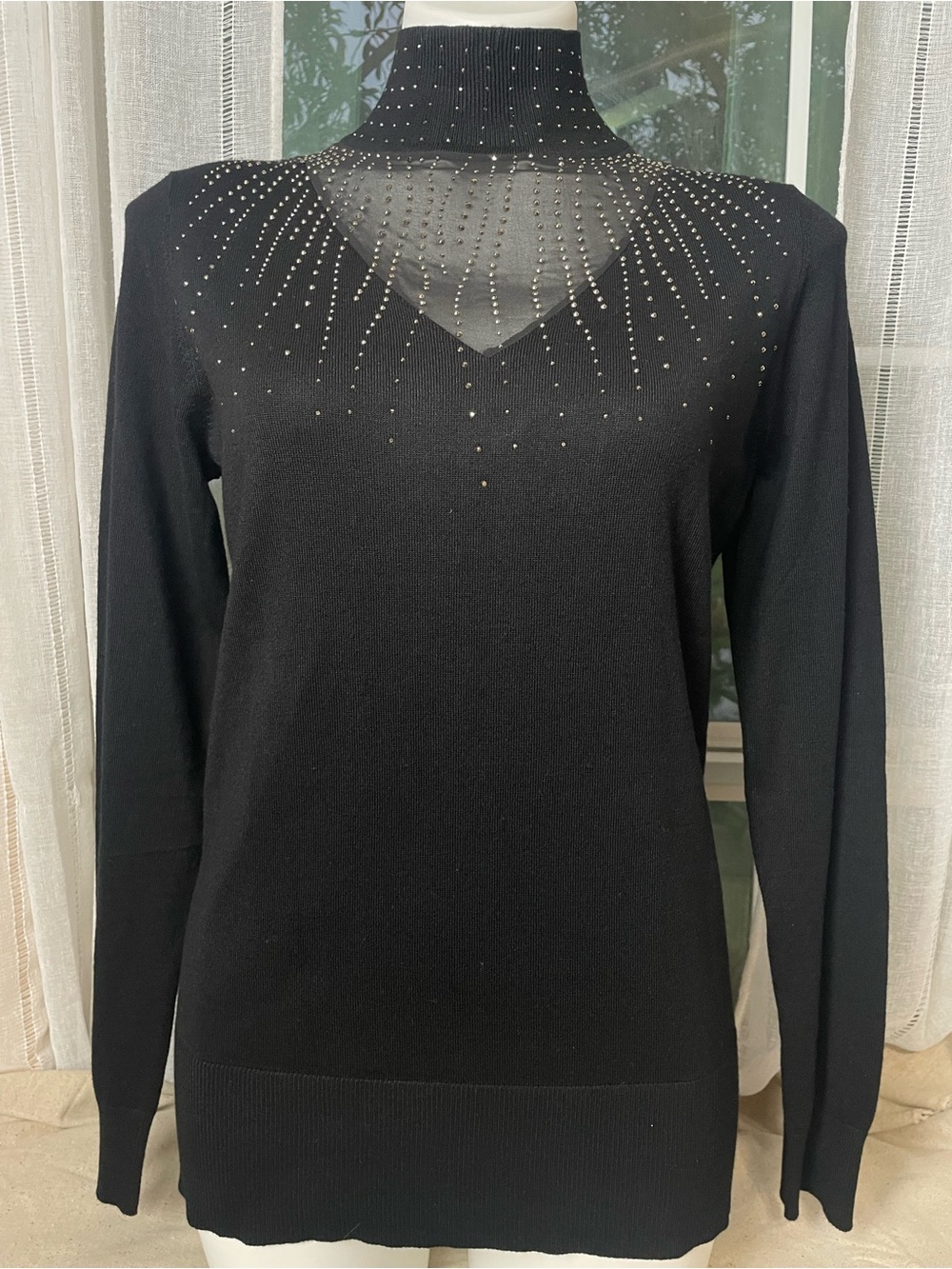 Adrianna Papell Black V-Neck Mock-Turtleneck Sweater with Stud Detail